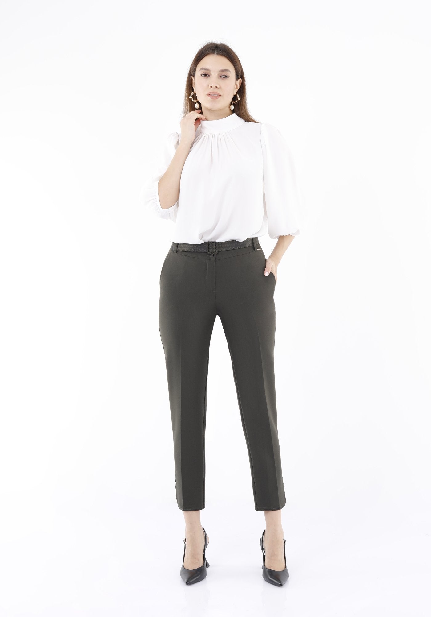 Guzella Slim Fit Ankle Length Women's Khaki Pants with Buttons and Leather Details Guzella