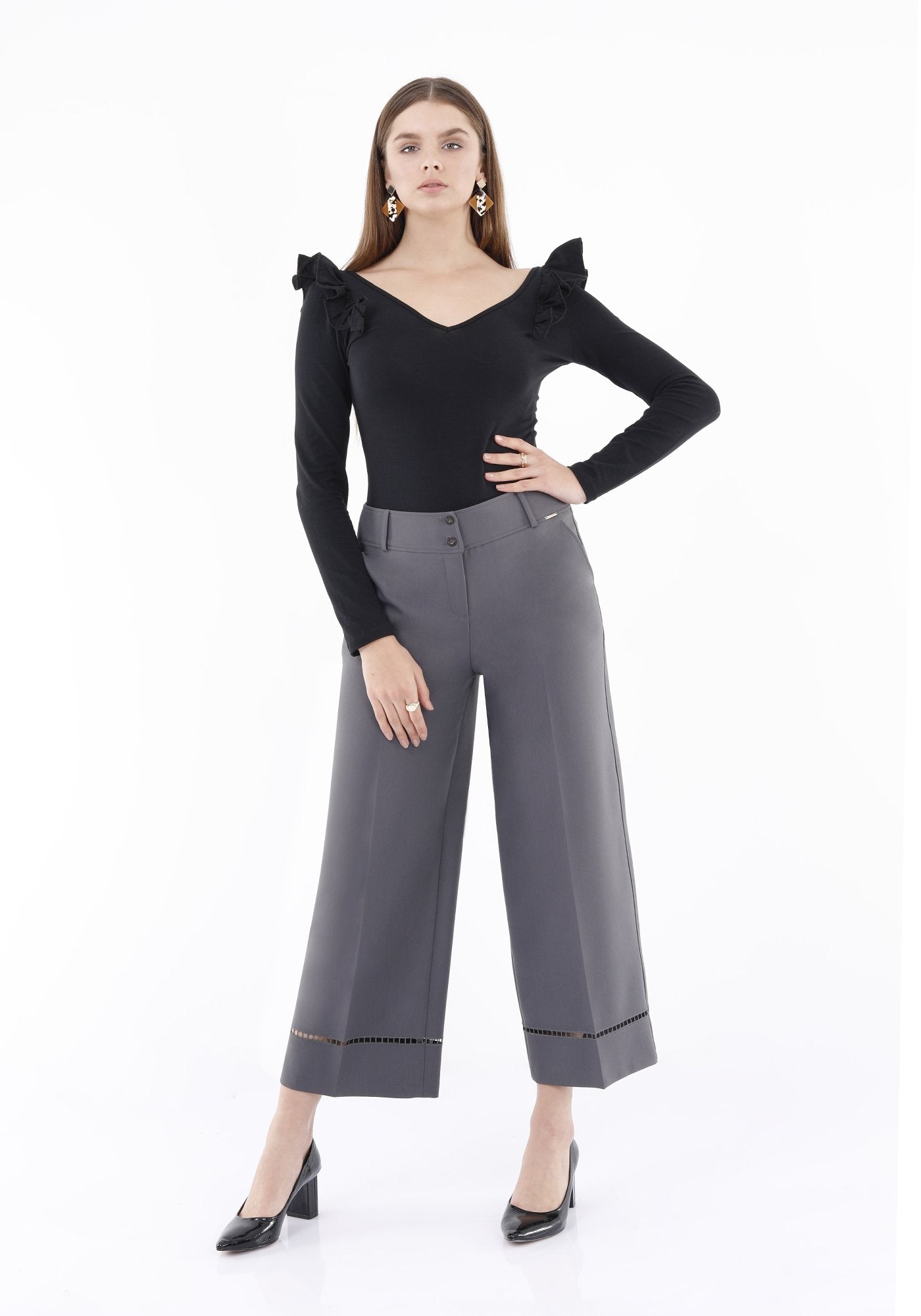 Guzella Slim Wide Leg Solid Grey Pants for Women Embroidery Around Ankle Guzella