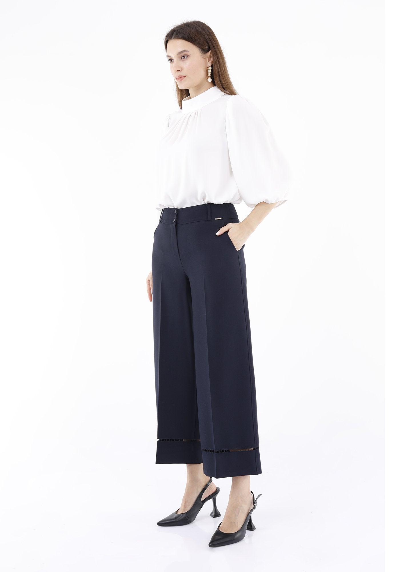 Guzella Slim Wide Leg Solid Navy Pants for Women Embroidery Around Ankle Guzella
