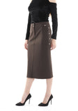 Guzella Brown Midi Skirt Decorative Metal Snaps Side Vented Guzella