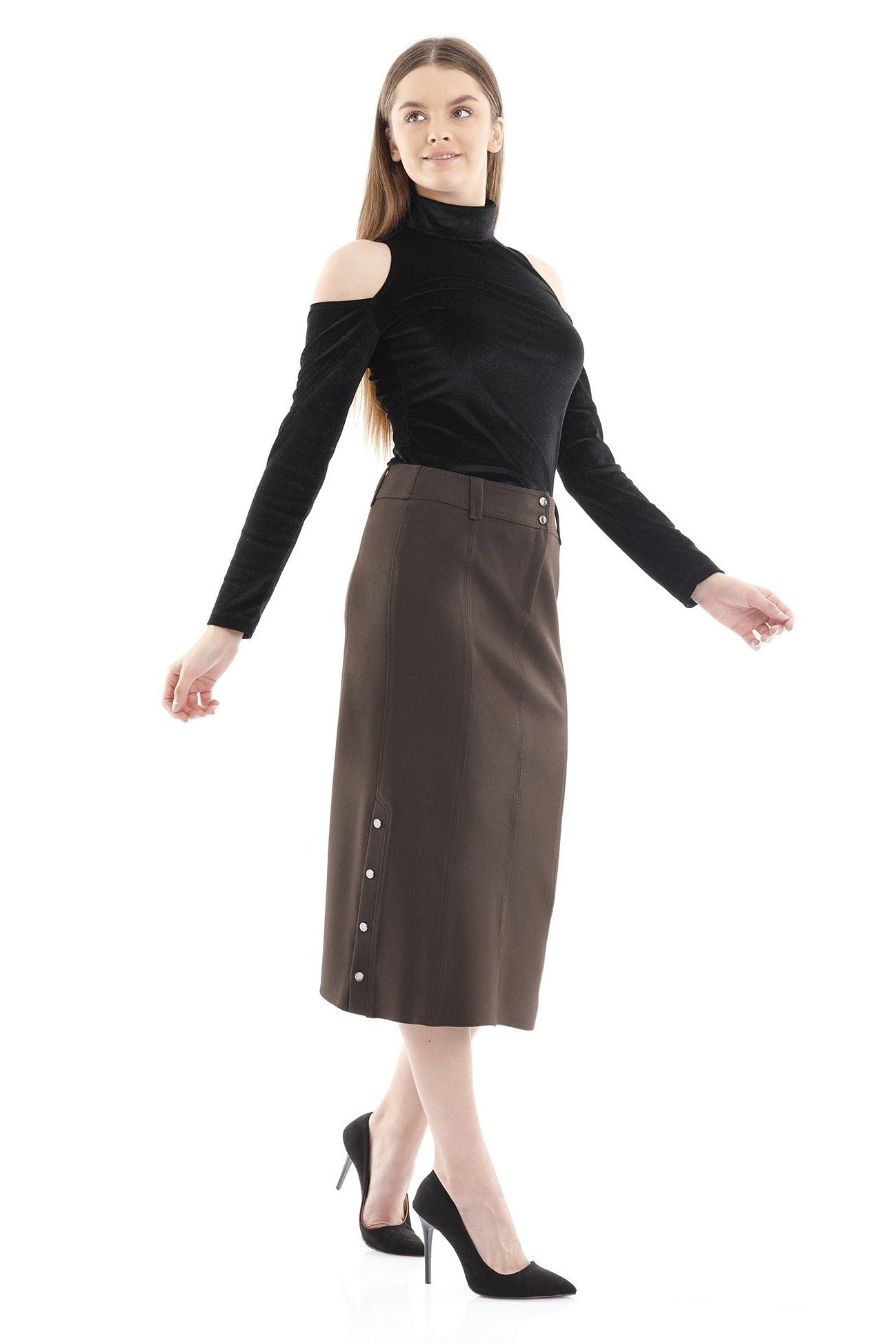 Midi Skirt Decorative Metal Snaps Side Vented Guzella