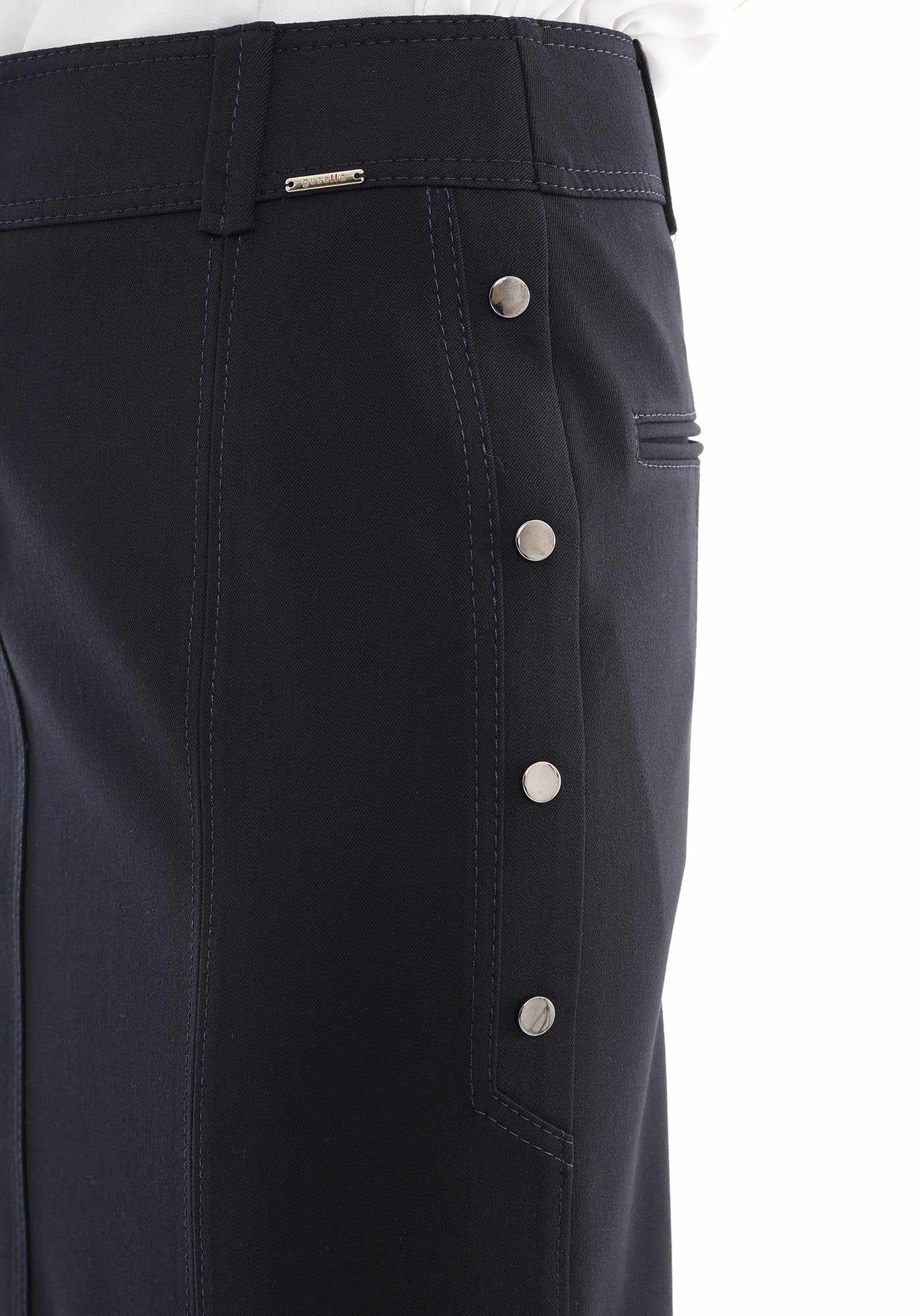 Guzella Navy Midi Skirt Decorative Metal Snaps Side Vented Guzella