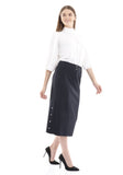 Guzella Straight Midi Skirt High Waisted Decoretive Metal Snaps Side Vented Below The Knee Skirt (Navy)