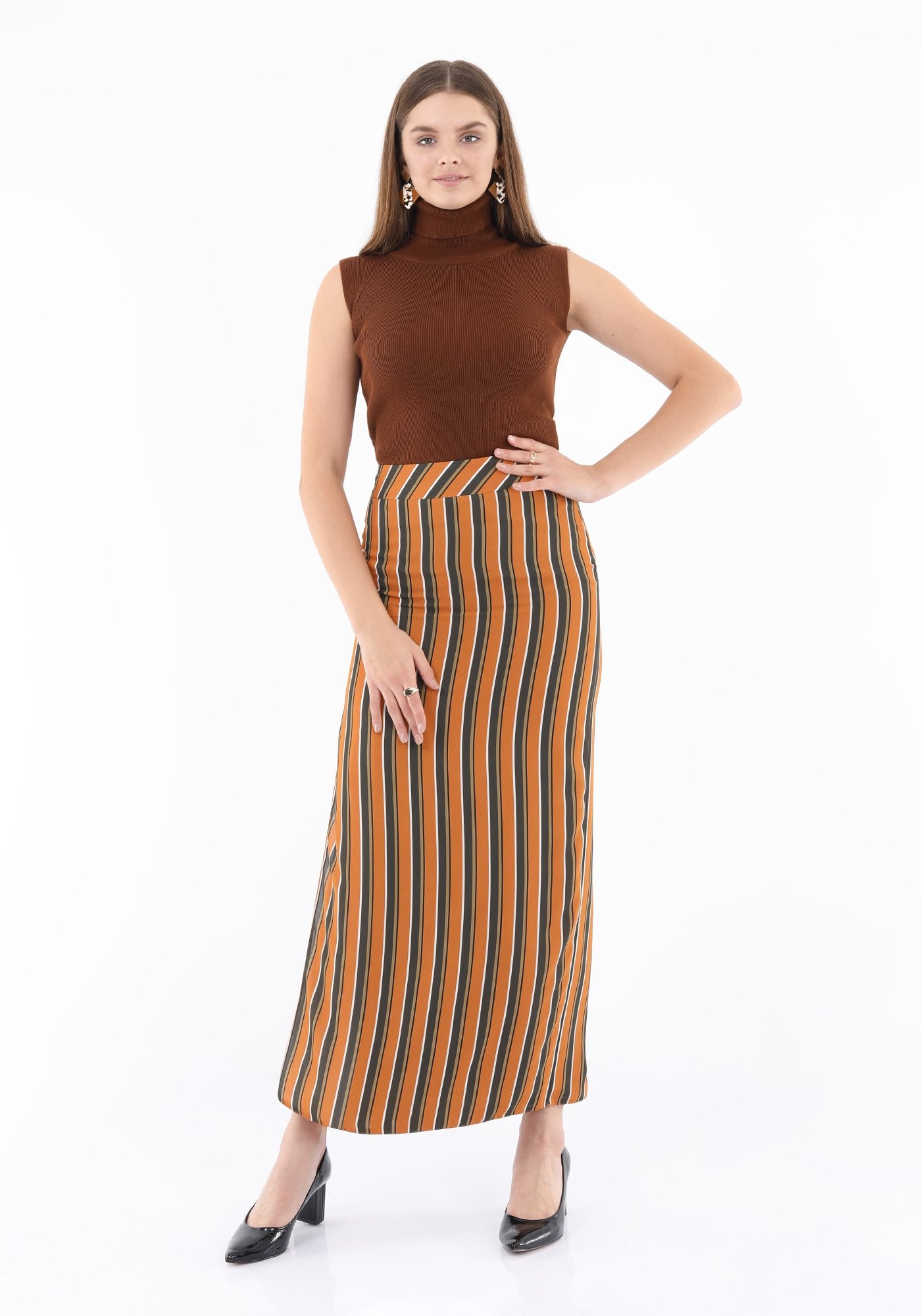 Guzella Women's Striped Mustard Maxi Pencil Skirt with White Thin Plisse Slit Guzella