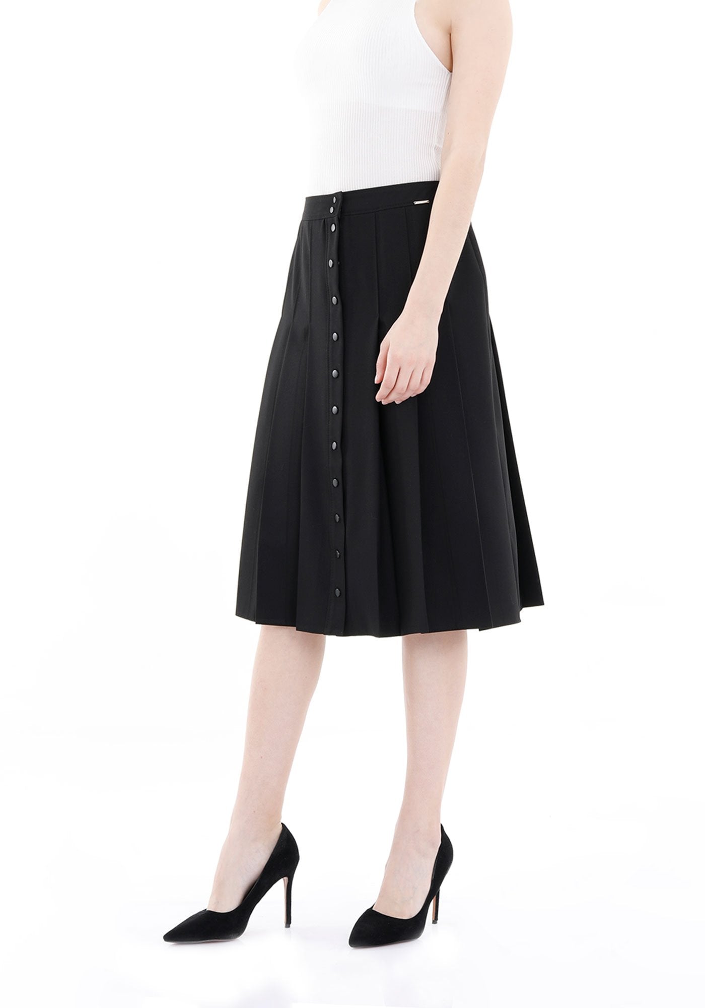 Black Vintage A-Line High Waist Pleated Midi Skirt Guzella