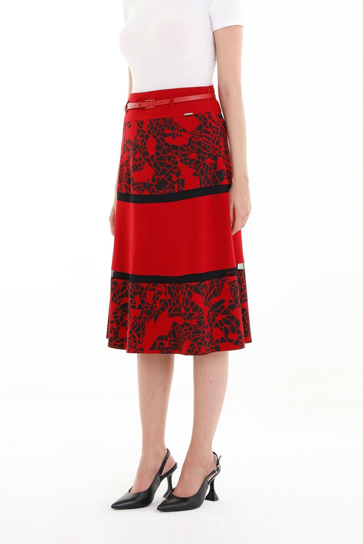 Guzella Women’s Red A-Line Midi Skirt with Belt Loops Guzella