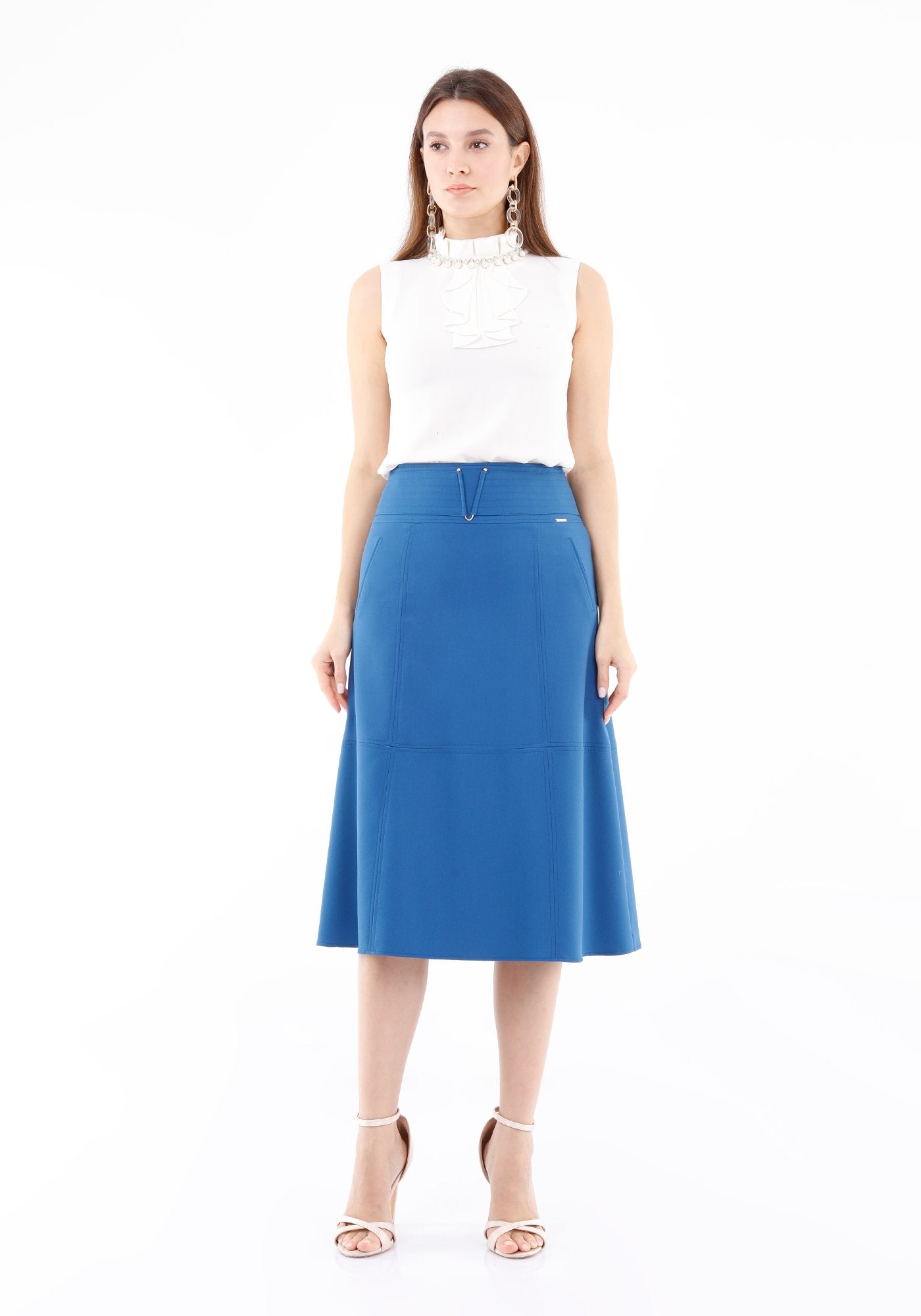 Guzella Women’s High Waist Indigo Midi Skirt with Special Belt Design Guzella