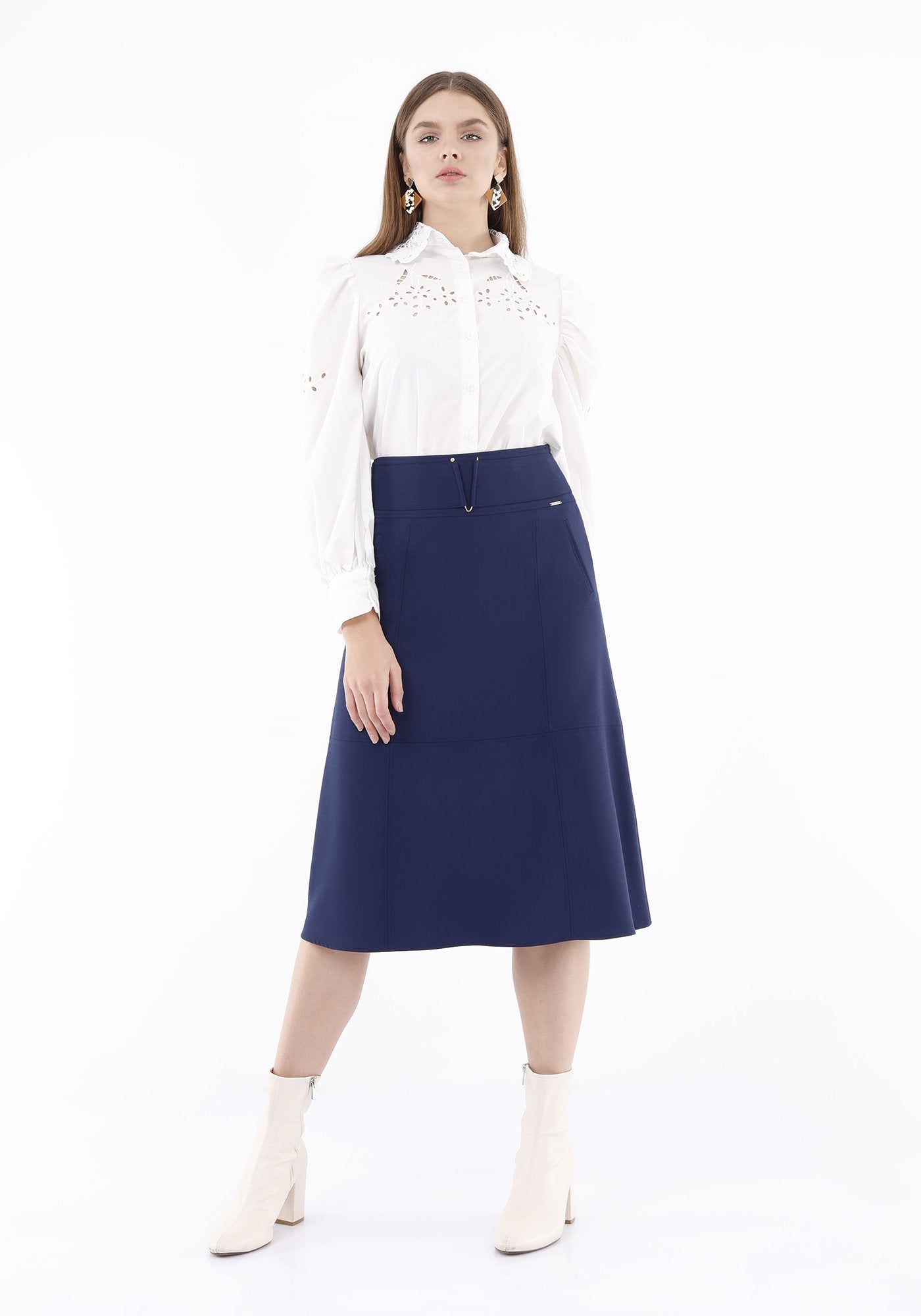 Guzella Women’s High Waist Navy Midi Skirt with Special Belt Design Guzella