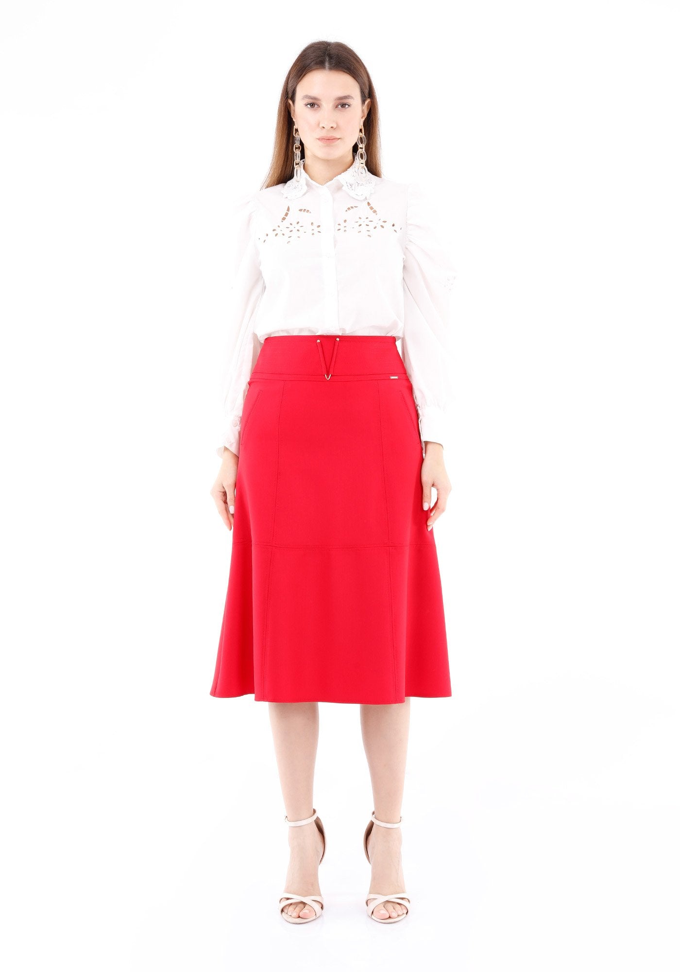 Guzella Women’s High Waist Red Midi Skirt with Special Belt Design Guzella