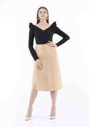 Guzella Falda midi tejida de cintura alta para mujer con diseño especial de cinturón (bronceado)