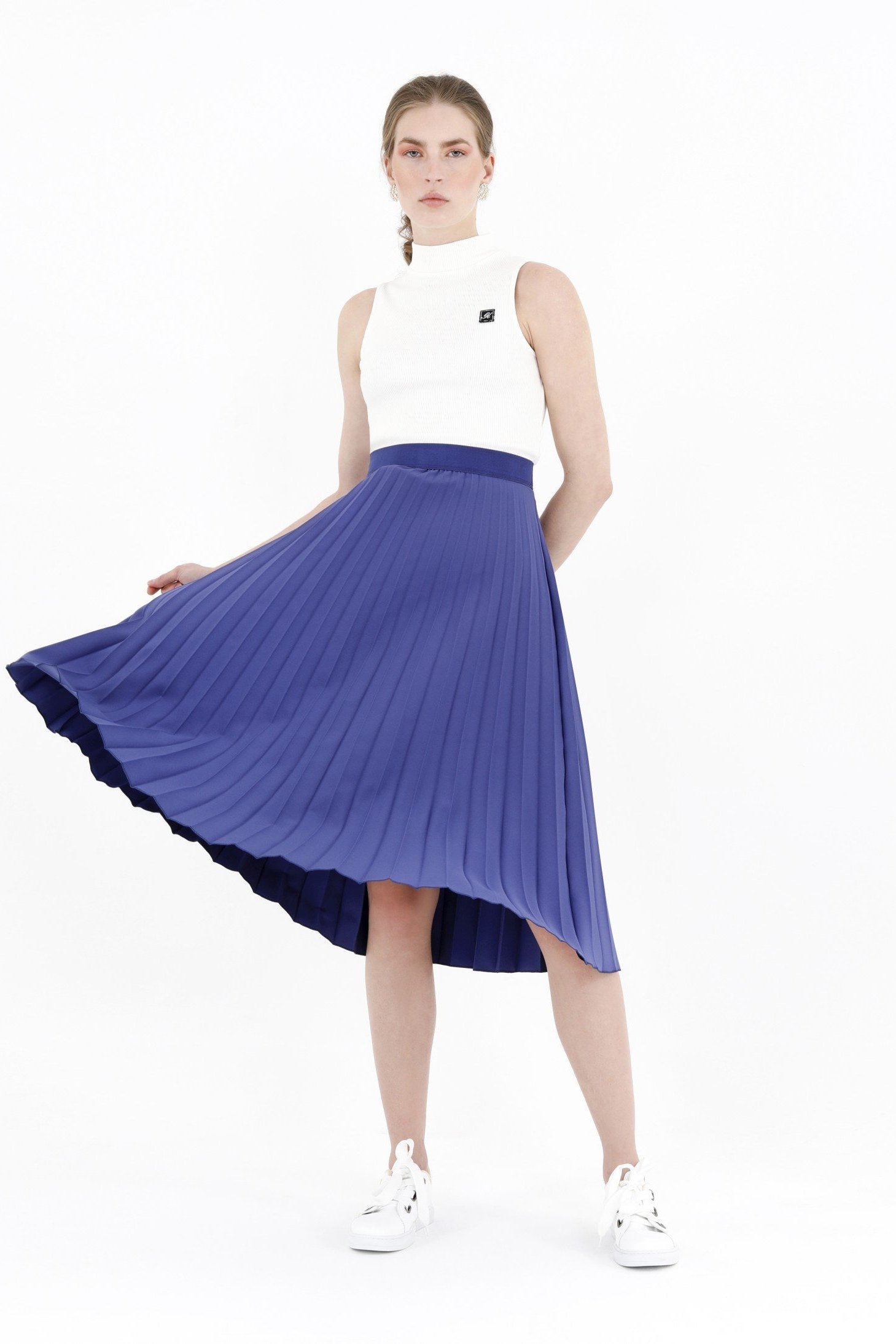 Indigo Pleated Skirt High Waist Elastic Waist Band Midi Skirt G-Line