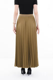 Khaki Pleated Maxi Skirt Elastic Waist Band Ankle Length Skirt Glinetex
