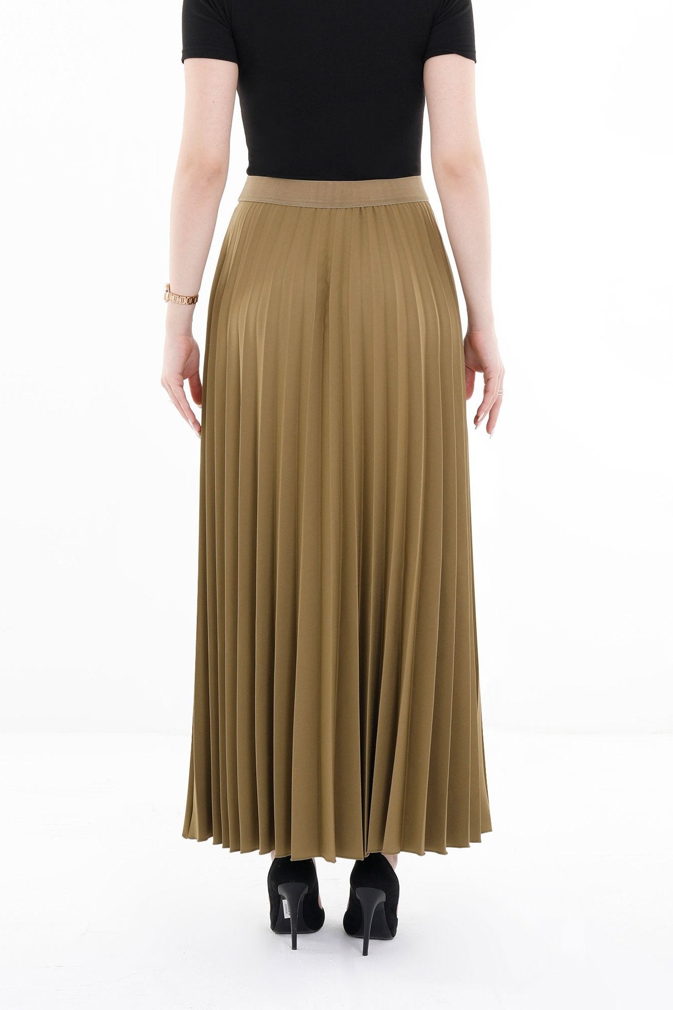 Pleated Maxi Skirt Elastic Waist Band Ankle Length Plisse Skirt G-Line