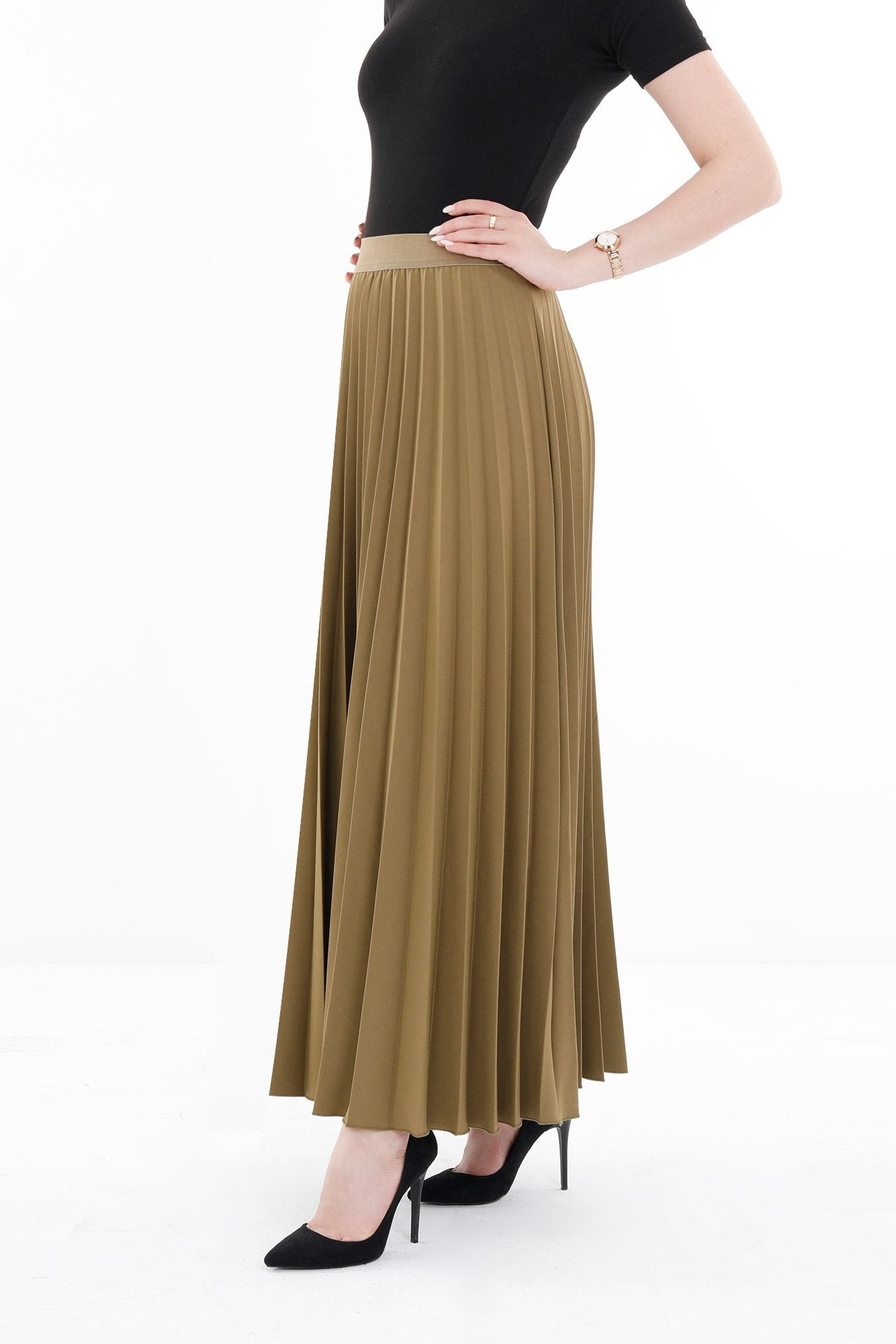 Khaki Pleated Maxi Skirt Elastic Waist Band Ankle Length Skirt Glinetex