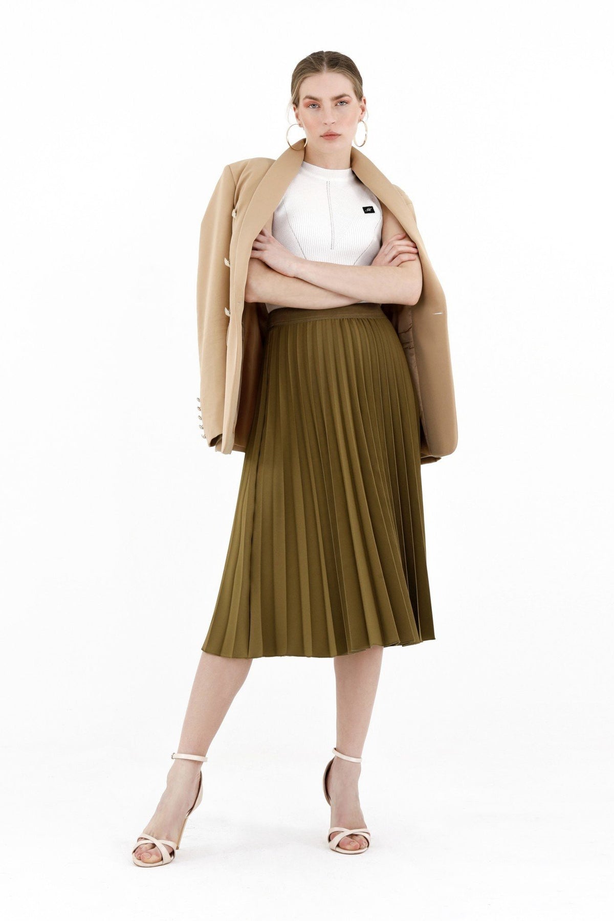 Khaki Pleated Skirt High Waist Elastic Waist Band Midi Skirt G-Line