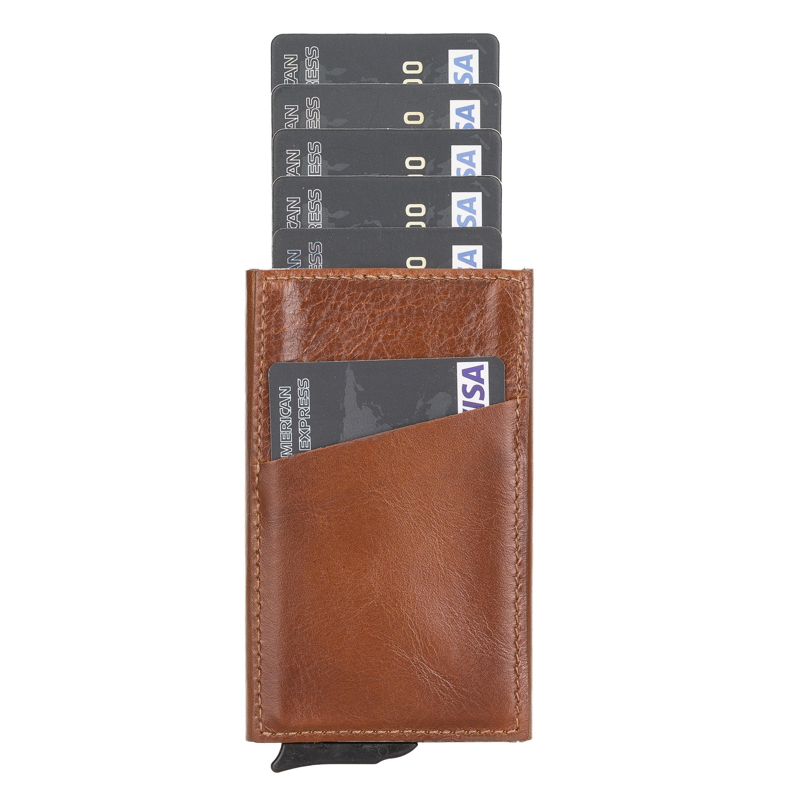 Leather Mechanical Pop Up Card Holder With RFID Bayelon