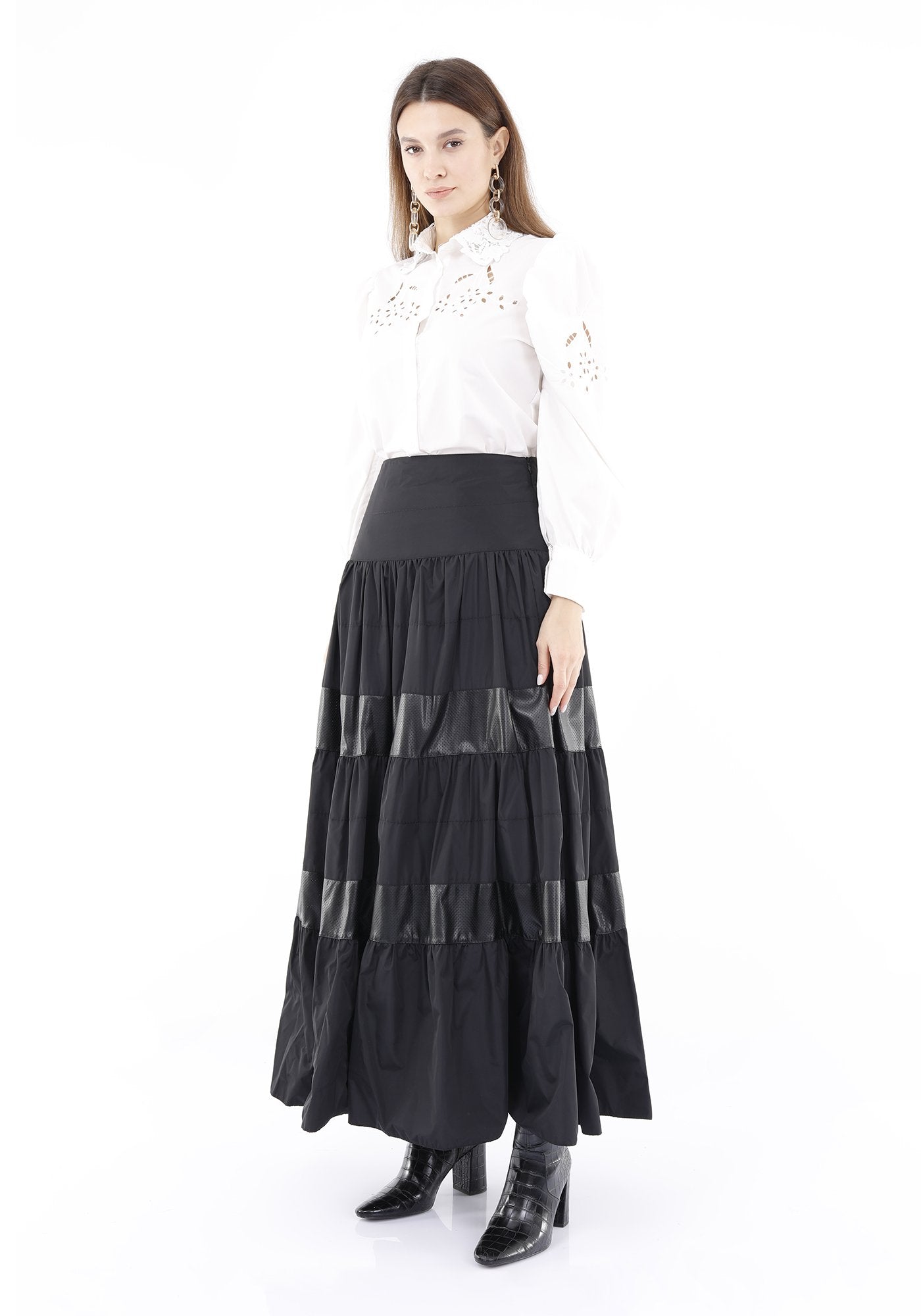 Black Pleated Tiered Skirt with Vegan Leather Lines Guzella