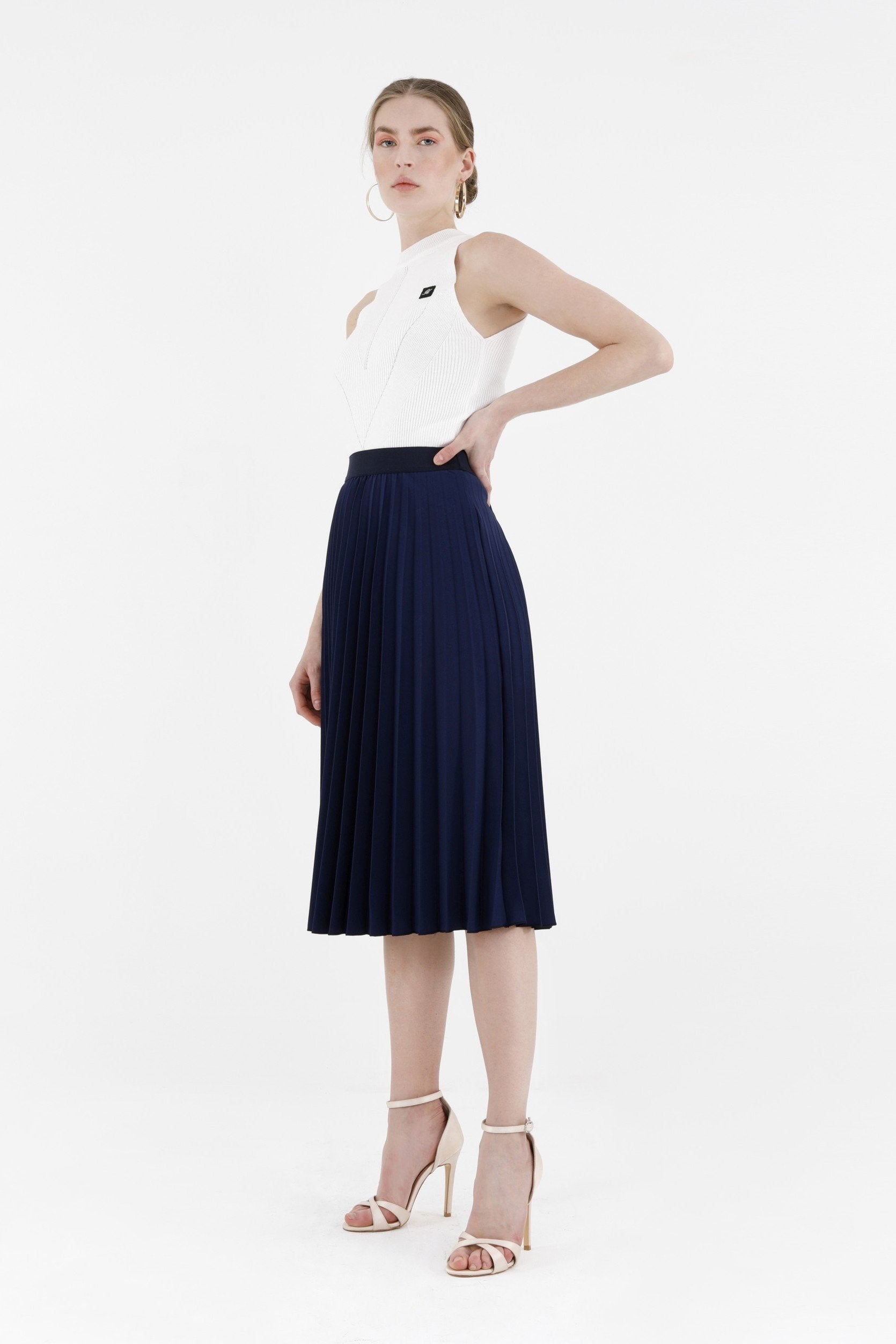 Navy Pleated Skirt High Waist Elastic Waist Band Midi Skirt G-Line