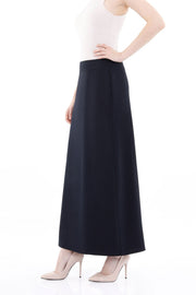 Navy Solid Fabric Flat Front Modest Maxi Skirt