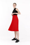 Red Pleated Skirt High Waist Elastic Waist Band Midi Skirt G-Line
