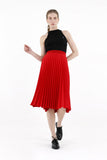 Red Pleated Skirt High Waist Elastic Waist Band Midi Skirt G-Line