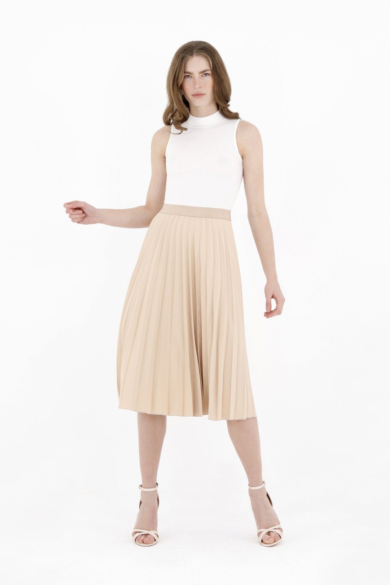 Stone Pleated Skirt  High Waist Elastic Waist Band Midi Skirt G-Line