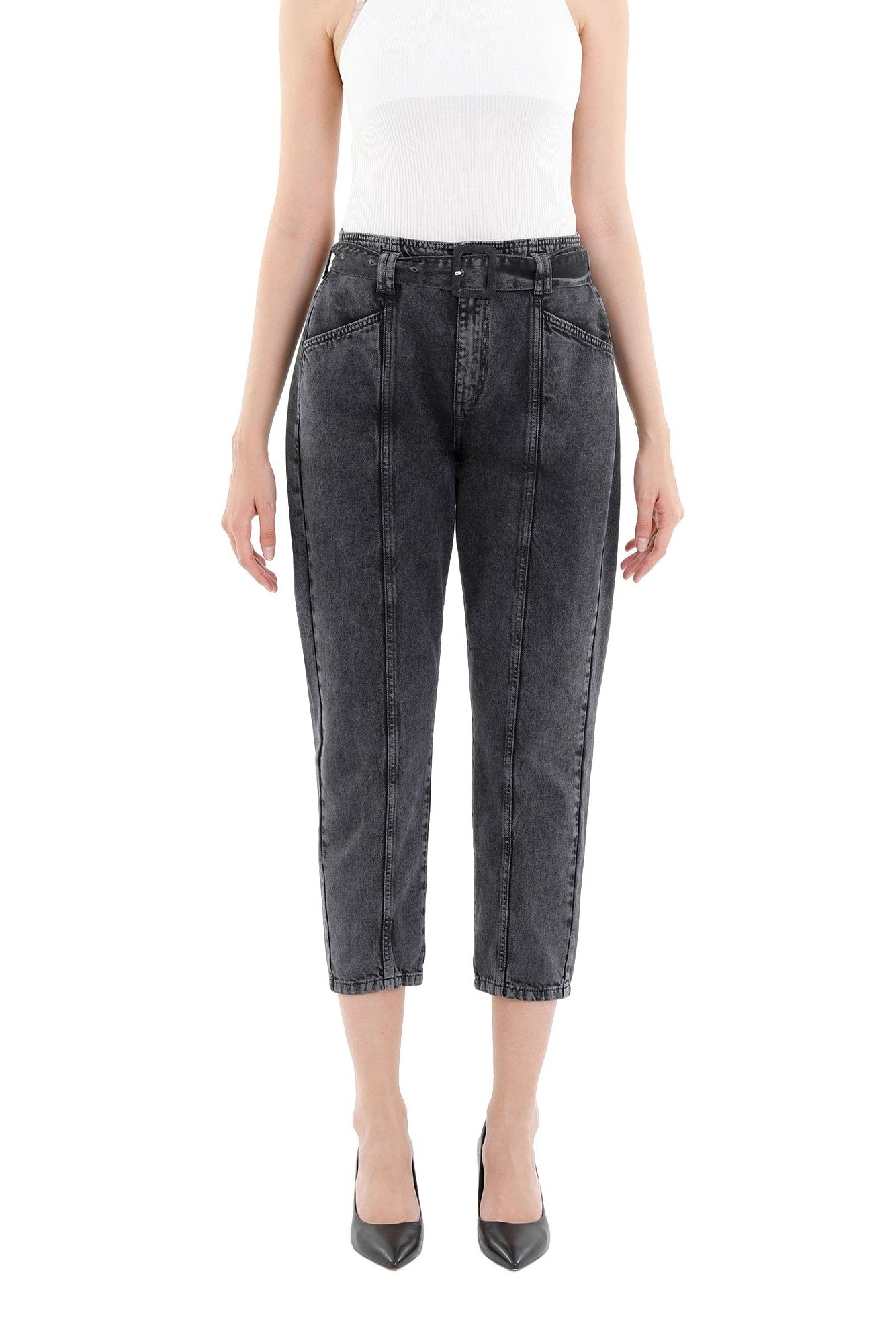Tapered Black Jeans for Women Carrot Jeans with Jean Belt G-Line