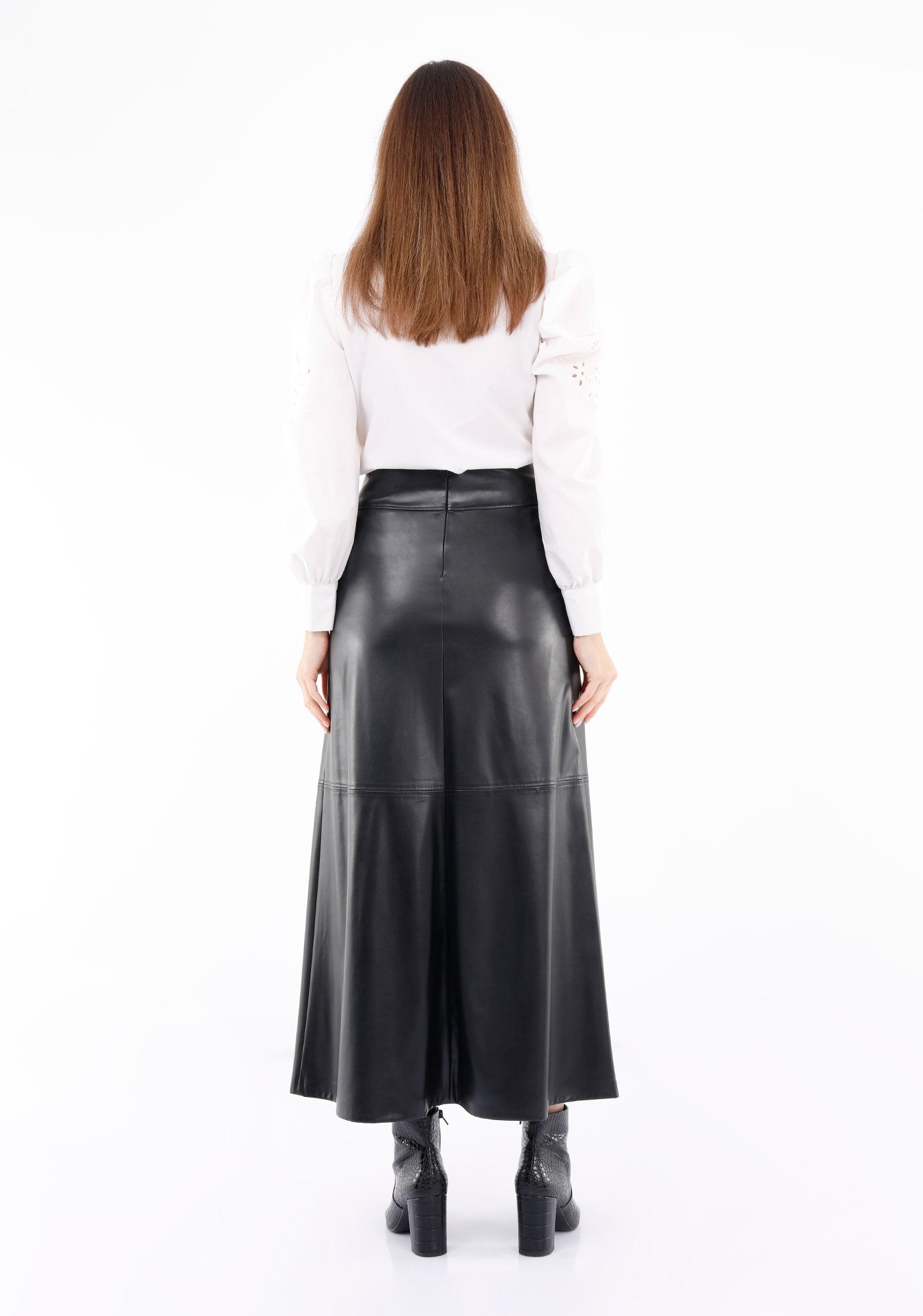 Vegan Leather Maxi Black Skirt with Pockets and Metal Accessories Around Waist Guzella
