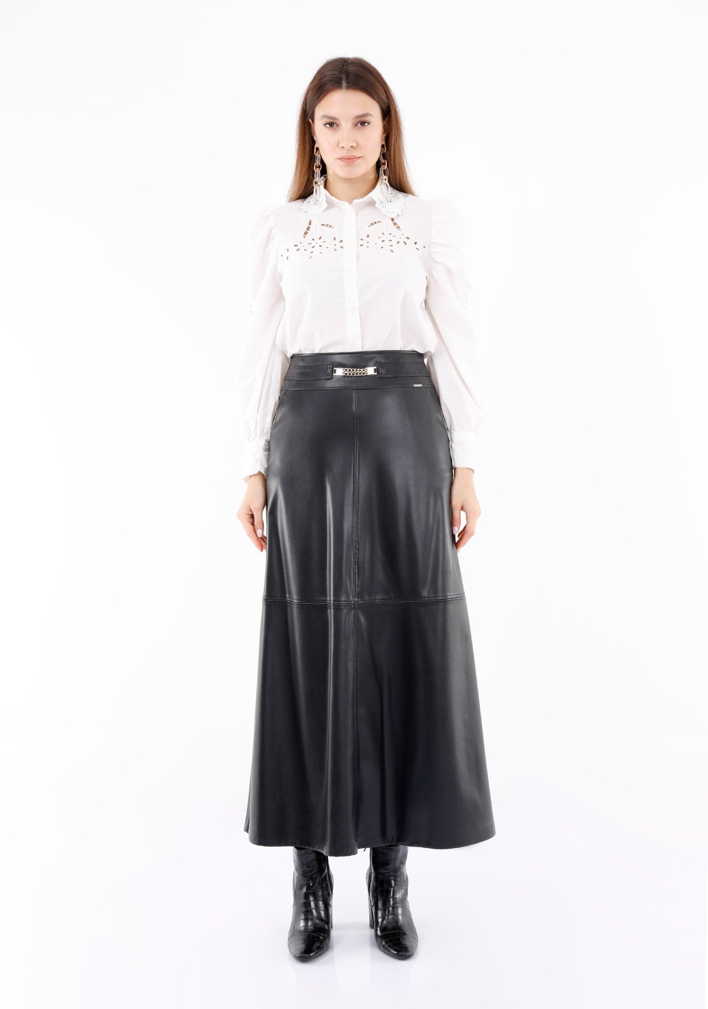 Vegan Leather Maxi Black Skirt with Pockets and Metal Accessories Around Waist Guzella