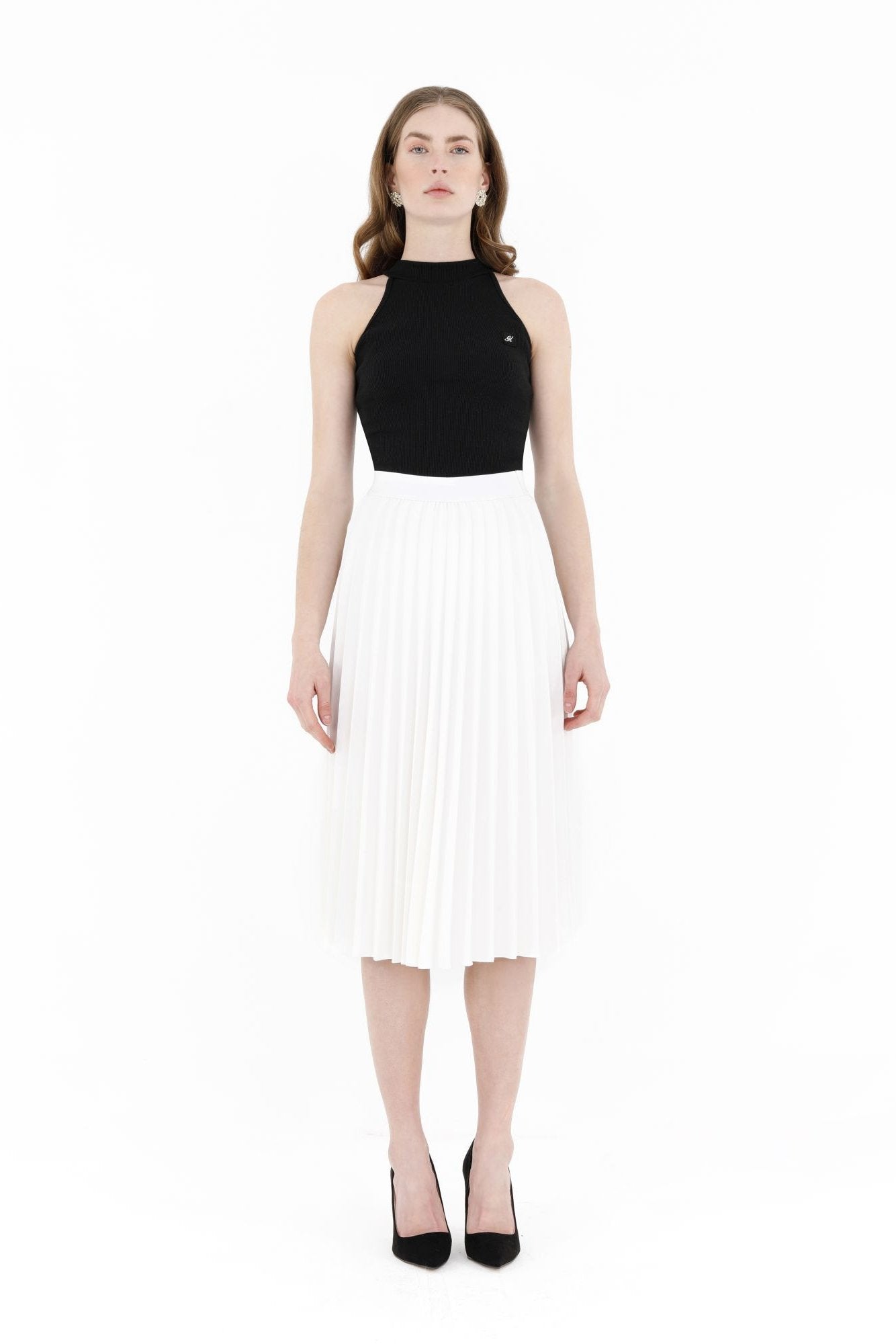 White Pleated Skirt for Women Below the Knee G-Line
